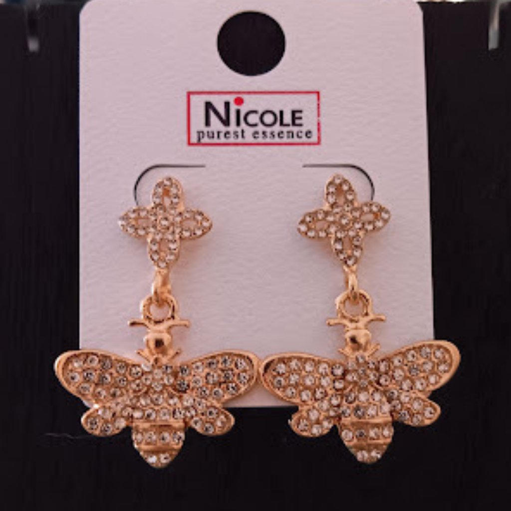 Nicole Mod/Contemporary Lucky Clover & Queen Bee Gold Clear Crystal Earrings